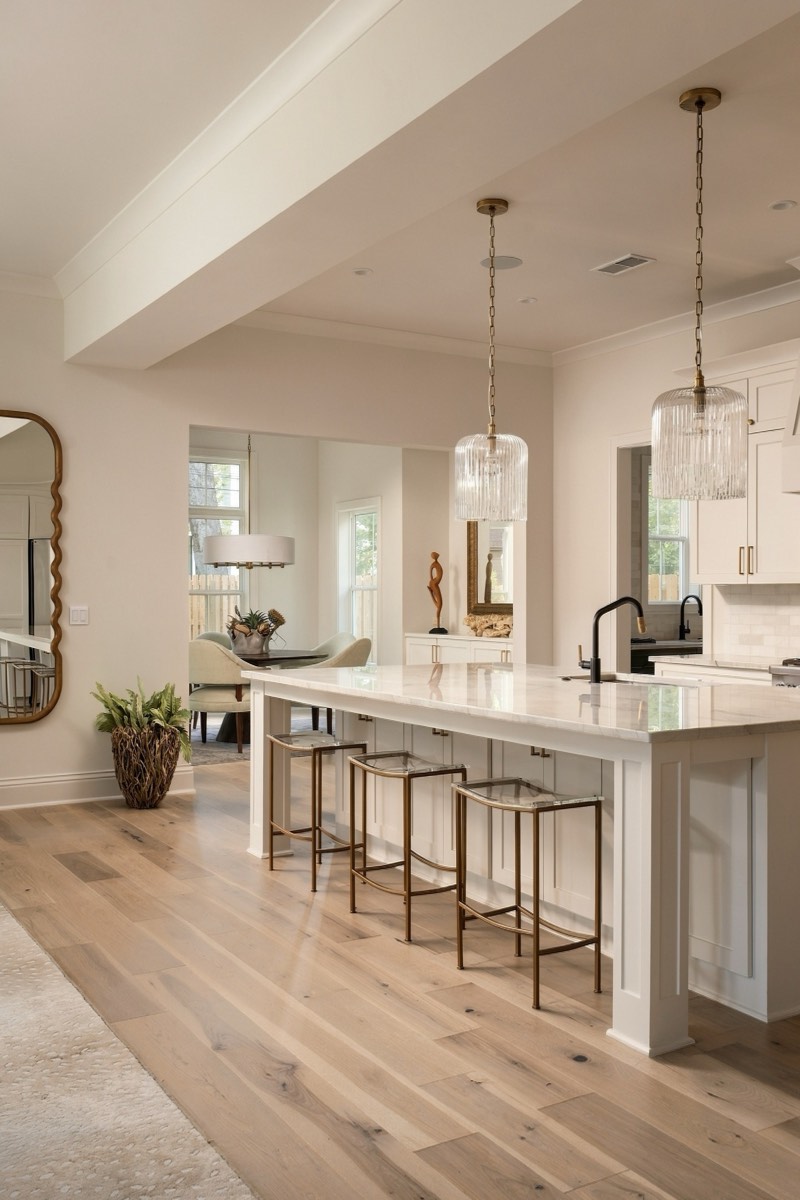 Kitchen island with glass pendants and wide-plank white oak floors