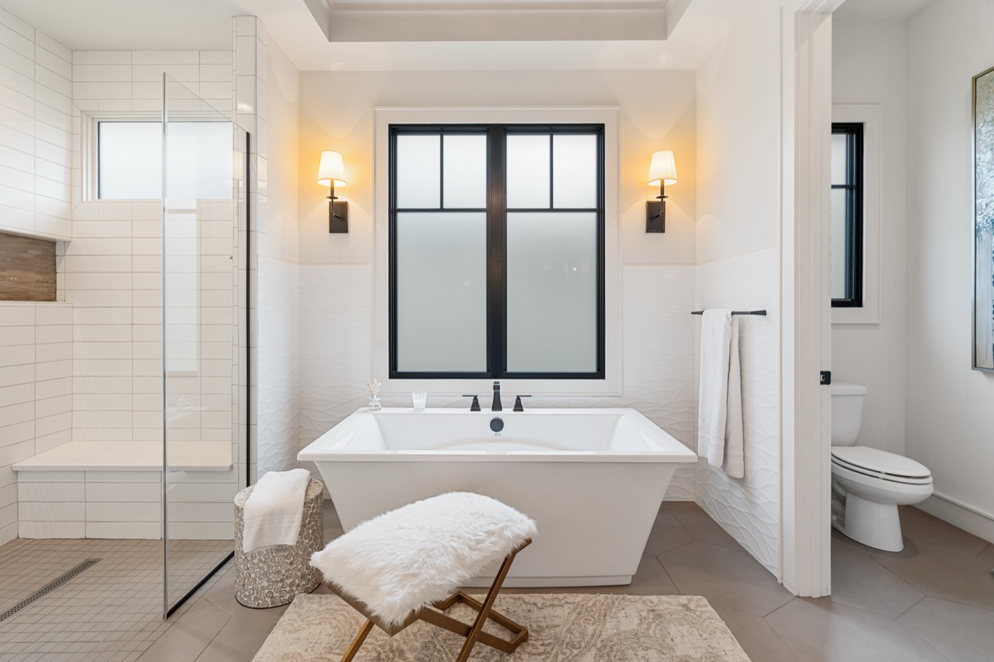 Bright bathroom with freestanding tub