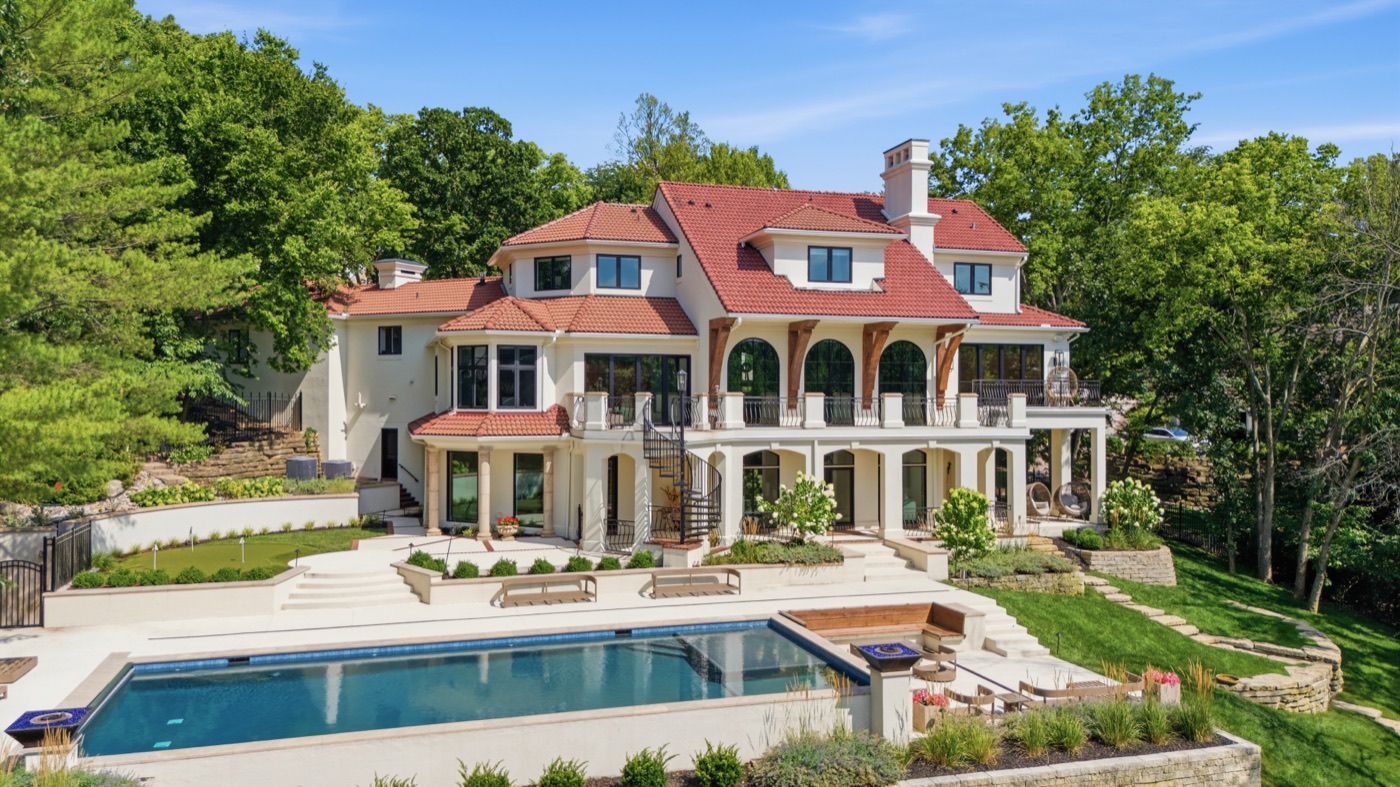 Estate terrace and pool from above